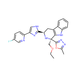 CCOC[C@]1(c2nnc(C)o2)N[C@@H](c2nc(-c3ccc(F)cn3)c[nH]2)Cc2c1[nH]c1ccccc21 ZINC000169702925