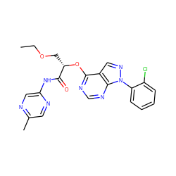 CCOC[C@H](Oc1ncnc2c1cnn2-c1ccccc1Cl)C(=O)Nc1cnc(C)cn1 ZINC000114685150