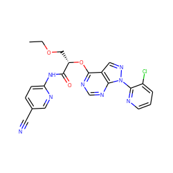 CCOC[C@H](Oc1ncnc2c1cnn2-c1ncccc1Cl)C(=O)Nc1ccc(C#N)cn1 ZINC000114686252