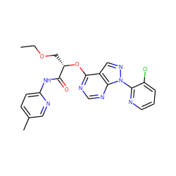 CCOC[C@H](Oc1ncnc2c1cnn2-c1ncccc1Cl)C(=O)Nc1ccc(C)cn1 ZINC000114685583