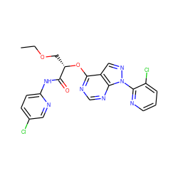 CCOC[C@H](Oc1ncnc2c1cnn2-c1ncccc1Cl)C(=O)Nc1ccc(Cl)cn1 ZINC000114684793