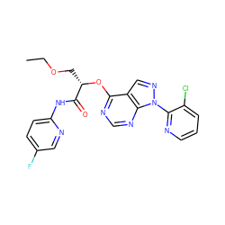 CCOC[C@H](Oc1ncnc2c1cnn2-c1ncccc1Cl)C(=O)Nc1ccc(F)cn1 ZINC000114683944