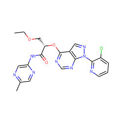 CCOC[C@H](Oc1ncnc2c1cnn2-c1ncccc1Cl)C(=O)Nc1cnc(C)cn1 ZINC000114684332