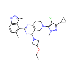 CCOC1CN(c2nc(-c3c(C)ccc4[nH]nc(C)c34)nc3c2CN(c2c(Cl)c(C4CC4)nn2C)CC3)C1 ZINC000146426765