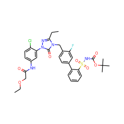 CCOCC(=O)Nc1ccc(Cl)c(-n2nc(CC)n(Cc3ccc(-c4ccccc4S(=O)(=O)NC(=O)OC(C)(C)C)cc3F)c2=O)c1 ZINC000027210317