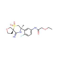 CCOCC(=O)Nc1ccc(F)c([C@]2(C)CS(=O)(=O)[C@]3(CCOC3)C(=N)N2)c1 ZINC000147260728