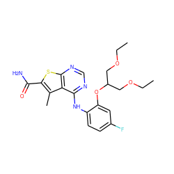 CCOCC(COCC)Oc1cc(F)ccc1Nc1ncnc2sc(C(N)=O)c(C)c12 ZINC000118756277