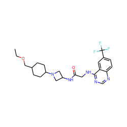 CCOCC1CCC(N2CC(NC(=O)CNc3ncnc4ccc(C(F)(F)F)cc34)C2)CC1 ZINC000149135257