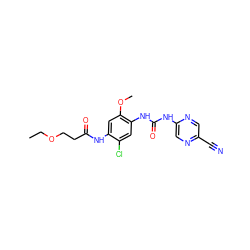 CCOCCC(=O)Nc1cc(OC)c(NC(=O)Nc2cnc(C#N)cn2)cc1Cl ZINC000014956054