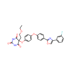 CCOCCC1(Oc2ccc(Oc3ccc(-c4nc(-c5cccc(F)c5)co4)cc3)cc2)C(=O)NC(=O)NC1=O ZINC000034802393