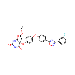 CCOCCC1(Oc2ccc(Oc3ccc(-c4nc(-c5cccc(F)c5)no4)cc3)cc2)C(=O)NC(=O)NC1=O ZINC000034802374