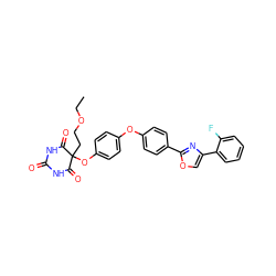 CCOCCC1(Oc2ccc(Oc3ccc(-c4nc(-c5ccccc5F)co4)cc3)cc2)C(=O)NC(=O)NC1=O ZINC000034802389