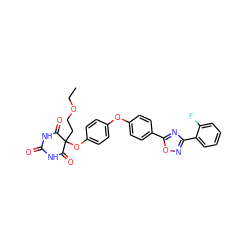 CCOCCC1(Oc2ccc(Oc3ccc(-c4nc(-c5ccccc5F)no4)cc3)cc2)C(=O)NC(=O)NC1=O ZINC000034802371