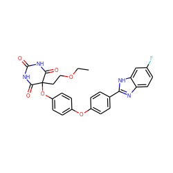 CCOCCC1(Oc2ccc(Oc3ccc(-c4nc5ccc(F)cc5[nH]4)cc3)cc2)C(=O)NC(=O)NC1=O ZINC000028960813