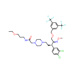 CCOCCCNC(=O)CN1CCN(CC[C@@H](/C(COCc2cc(C(F)(F)F)cc(C(F)(F)F)c2)=N/OC)c2ccc(Cl)c(Cl)c2)CC1 ZINC000026401928