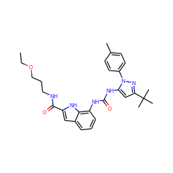 CCOCCCNC(=O)c1cc2cccc(NC(=O)Nc3cc(C(C)(C)C)nn3-c3ccc(C)cc3)c2[nH]1 ZINC000095562962