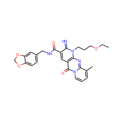 CCOCCCn1c(=N)c(C(=O)NCc2ccc3c(c2)OCO3)cc2c(=O)n3cccc(C)c3nc21 ZINC000100254815