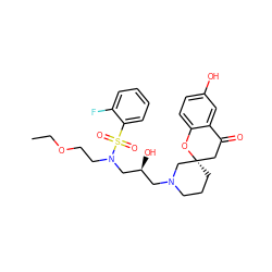 CCOCCN(C[C@@H](O)CN1CCC[C@]2(CC(=O)c3cc(O)ccc3O2)C1)S(=O)(=O)c1ccccc1F ZINC000071330046