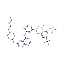 CCOCCN1CCC(Cc2ccc3ncnc(Nc4cc(C(=O)Nc5cc(C(C)(C)C)cc(NS(C)(=O)=O)c5OC)ccc4C)c3n2)CC1 ZINC000096175770