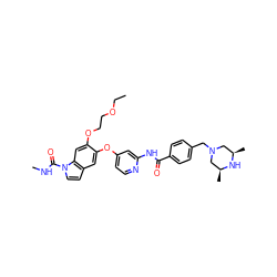 CCOCCOc1cc2c(ccn2C(=O)NC)cc1Oc1ccnc(NC(=O)c2ccc(CN3C[C@H](C)N[C@H](C)C3)cc2)c1 ZINC000169711521