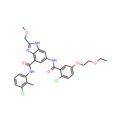 CCOCCOc1ccc(Cl)c(C(=O)Nc2cc(C(=O)Nc3cccc(Cl)c3C)c3nc(COC)[nH]c3c2)c1 ZINC000205657055