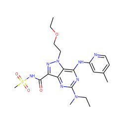 CCOCCn1nc(C(=O)NS(C)(=O)=O)c2nc(N(C)CC)nc(Nc3cc(C)ccn3)c21 ZINC000072284404