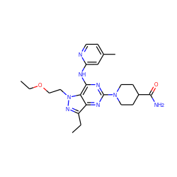 CCOCCn1nc(CC)c2nc(N3CCC(C(N)=O)CC3)nc(Nc3cc(C)ccn3)c21 ZINC000049088842