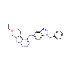 CCOCc1cn2ncnc(Nc3ccc4c(cnn4Cc4ccccc4)c3)c2c1CC ZINC000014954086