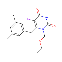 CCOCn1c(Cc2cc(C)cc(C)c2)c(I)c(=O)[nH]c1=O ZINC000084670053