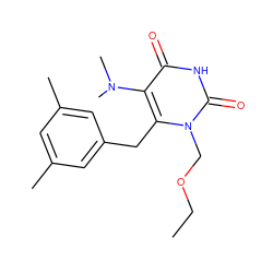 CCOCn1c(Cc2cc(C)cc(C)c2)c(N(C)C)c(=O)[nH]c1=O ZINC000084671447