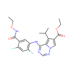 CCONC(=O)c1cc(Nc2ncnn3cc(C(=O)OCC)c(C(C)C)c23)c(F)cc1F ZINC000013645269