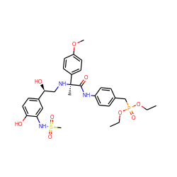 CCOP(=O)(Cc1ccc(NC(=O)[C@@](C)(NC[C@H](O)c2ccc(O)c(NS(C)(=O)=O)c2)c2ccc(OC)cc2)cc1)OCC ZINC000003939253