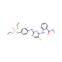 CCOP(=O)(Cc1ccc(Nc2ncc(Cl)c(Nc3ccccc3C(=O)NC)n2)cc1)OCC ZINC000117825515