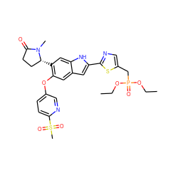 CCOP(=O)(Cc1cnc(-c2cc3cc(Oc4ccc(S(C)(=O)=O)nc4)c([C@@H]4CCC(=O)N4C)cc3[nH]2)s1)OCC ZINC000209685650