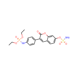 CCOP(=O)(Nc1ccc(-c2cc3ccc(OS(N)(=O)=O)cc3oc2=O)cc1)OCC ZINC000653876616