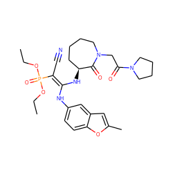 CCOP(=O)(OCC)/C(C#N)=C(\Nc1ccc2oc(C)cc2c1)N[C@H]1CCCCN(CC(=O)N2CCCC2)C1=O ZINC000034689204