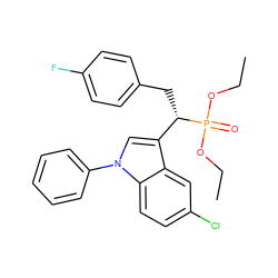 CCOP(=O)(OCC)[C@@H](Cc1ccc(F)cc1)c1cn(-c2ccccc2)c2ccc(Cl)cc12 ZINC000084587586