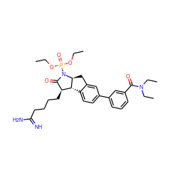 CCOP(=O)(OCC)N1C(=O)[C@H](CCCCC(=N)N)[C@H]2c3ccc(-c4cccc(C(=O)N(CC)CC)c4)cc3C[C@@H]21 ZINC000029399526