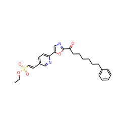 CCOS(=O)(=O)/C=C/c1ccc(-c2cnc(C(=O)CCCCCCc3ccccc3)o2)nc1 ZINC000103239640