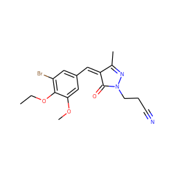 CCOc1c(Br)cc(/C=C2\C(=O)N(CCC#N)N=C2C)cc1OC ZINC000004614456