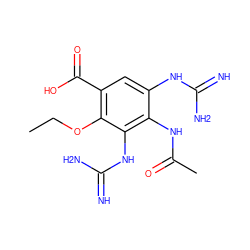 CCOc1c(C(=O)O)cc(NC(=N)N)c(NC(C)=O)c1NC(=N)N ZINC000040955186