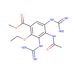 CCOc1c(C(=O)OC)cc(NC(=N)N)c(NC(C)=O)c1NC(=N)N ZINC000040955093