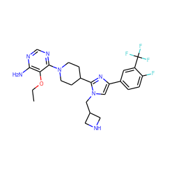 CCOc1c(N)ncnc1N1CCC(c2nc(-c3ccc(F)c(C(F)(F)F)c3)cn2CC2CNC2)CC1 ZINC000219775149