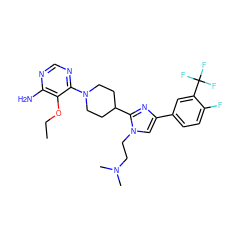 CCOc1c(N)ncnc1N1CCC(c2nc(-c3ccc(F)c(C(F)(F)F)c3)cn2CCN(C)C)CC1 ZINC000219782907