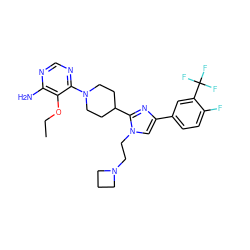 CCOc1c(N)ncnc1N1CCC(c2nc(-c3ccc(F)c(C(F)(F)F)c3)cn2CCN2CCC2)CC1 ZINC000219778297