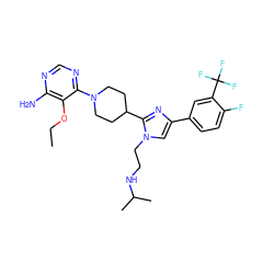 CCOc1c(N)ncnc1N1CCC(c2nc(-c3ccc(F)c(C(F)(F)F)c3)cn2CCNC(C)C)CC1 ZINC000206950651