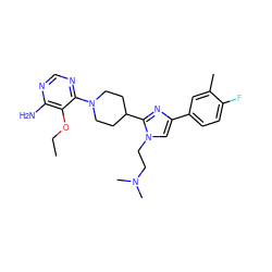 CCOc1c(N)ncnc1N1CCC(c2nc(-c3ccc(F)c(C)c3)cn2CCN(C)C)CC1 ZINC000219783098