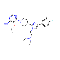 CCOc1c(N)ncnc1N1CCC(c2nc(-c3ccc(F)c(C)c3)cn2CCN(CC)CC)CC1 ZINC001772602134