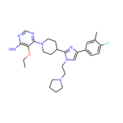 CCOc1c(N)ncnc1N1CCC(c2nc(-c3ccc(F)c(C)c3)cn2CCN2CCCC2)CC1 ZINC000219733867