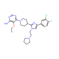 CCOc1c(N)ncnc1N1CCC(c2nc(-c3ccc(F)c(Cl)c3)cn2CCN2CCCC2)CC1 ZINC000219759366